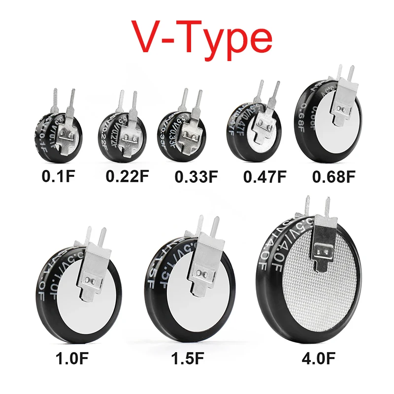 1 Uds supercondensador 5,5 V botón condensador Farad 0,1F 0,22F 0,33F 0,47F 0,68F 1F 1,5F 4,0F tipo V tipo C tipo H