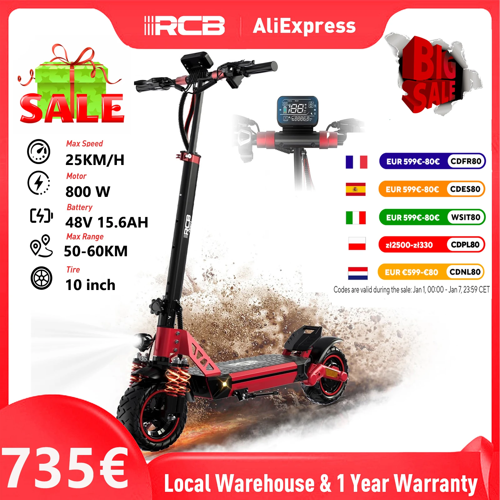 RCB RE24 Electric Scooter, Motor 800 W, Range 50-60 KM, Battery 15.6 Ah, Max 25 km/h, Wheel 10”, App Control, Max Load 120KG, Fo