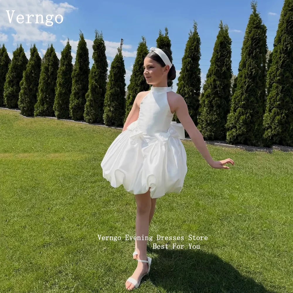 

Verngo White Satin Girl Flowers Dress A Line Tiered Princess Birthday Party Dresses Elegant Short Kid Prom Gown Customized