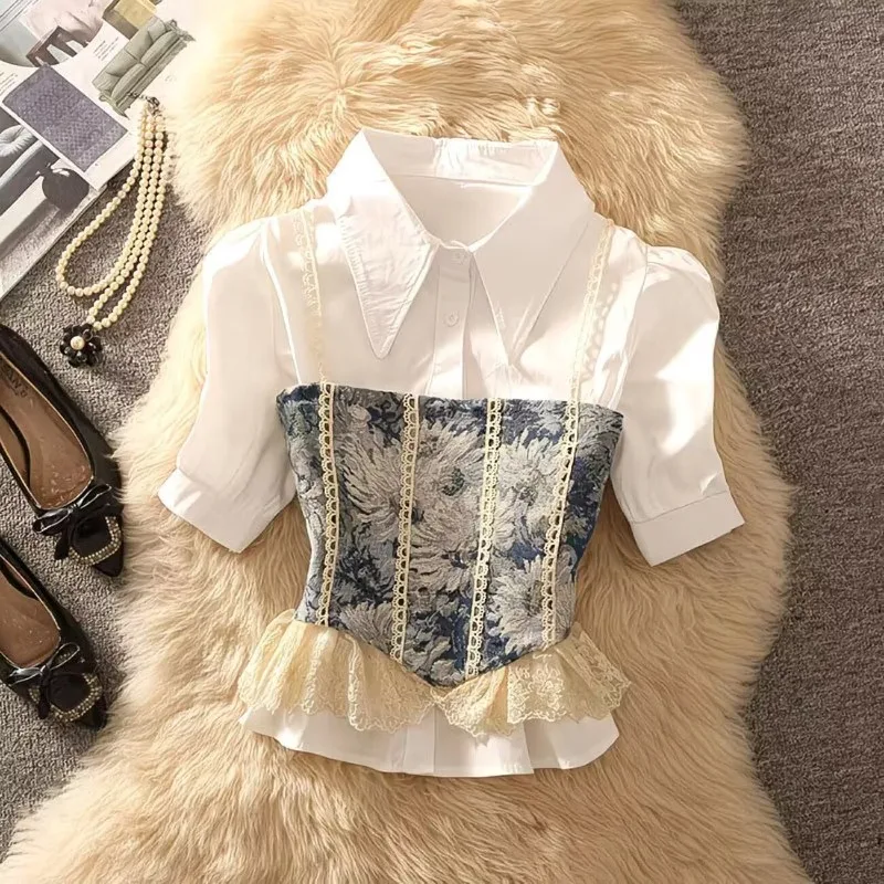 

French Retro Oil Painting Style Floral Camis for Women Short Sleeve Shirts 2 Piece Set Summer Lace Patchwork Slim Chic Tank Tops