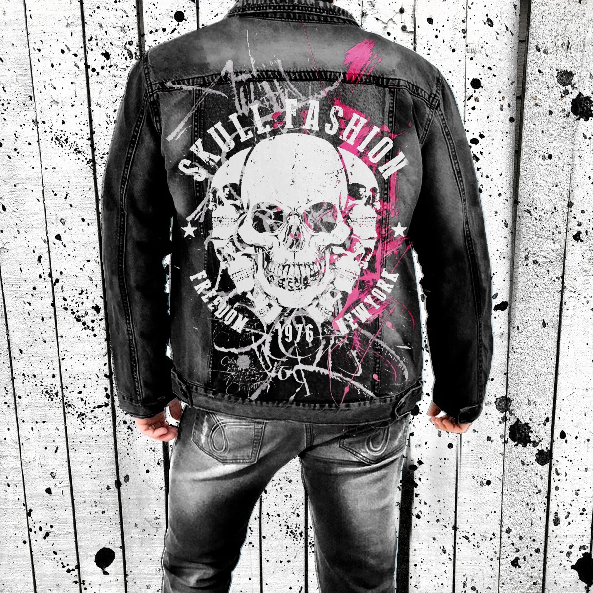 

New Stylemen's Denim Jacketmen's 2024 Autumn/Winter New Street Fashion Hip Hop Punk Personalized Skull Head Print Pattern Motorc