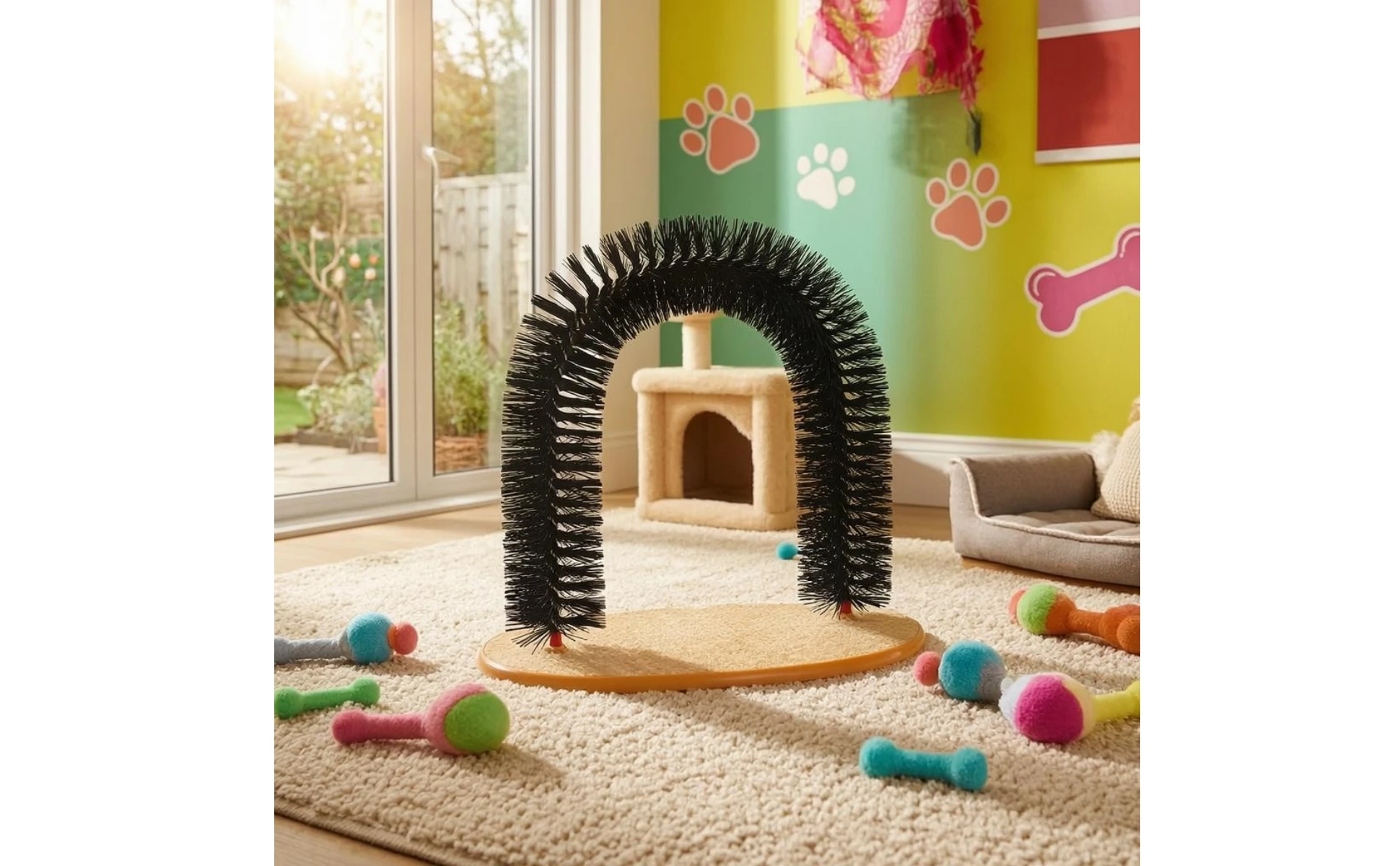 Feline Arch Scratcher Dense Bristles Feline Grooming Arch Bristle Scratcher Orange-Edged Rim Pet Accessory 3 in 1