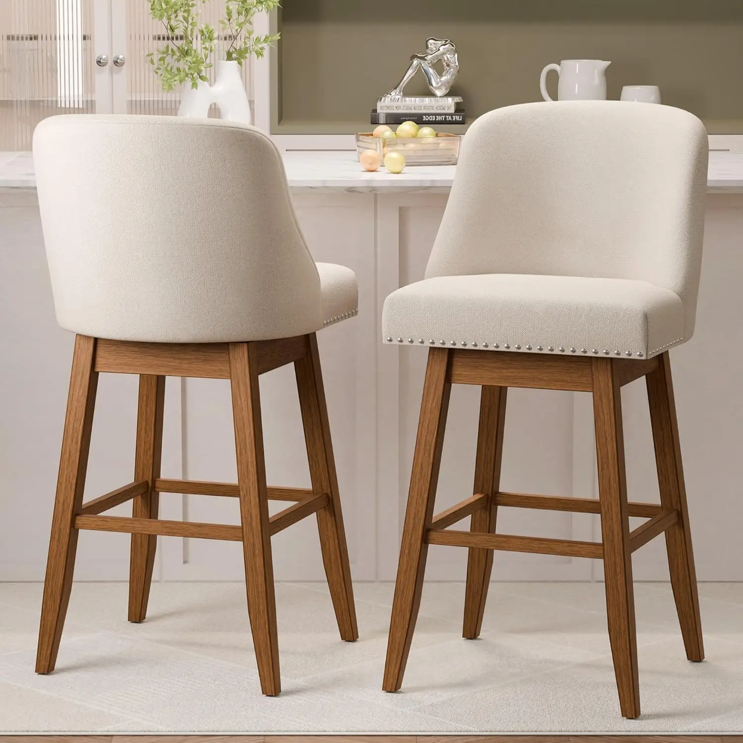 

Counter Height Swivel Barstools 30in Upholstered Set 2 Solid Wood Legs Footrest Padded Kitchen Island Pub Beige, Customized