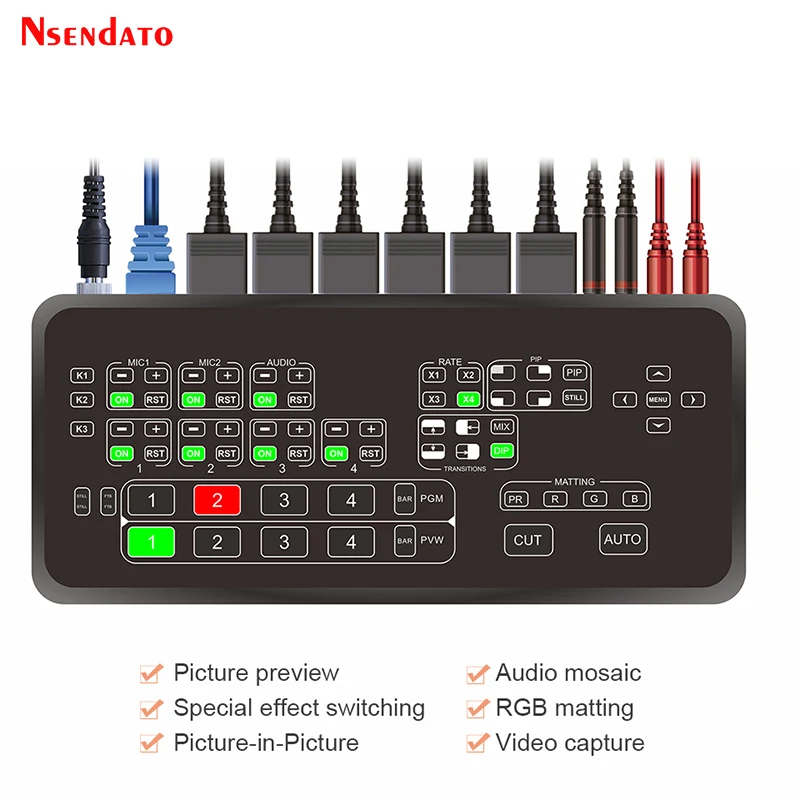 

USB2.0 HDMI видеомикшер-коммутатор, карта захвата HDMI с RGB-микшером 4x2 для PIP, RJ45, для прямой трансляции с ПК и ТВ