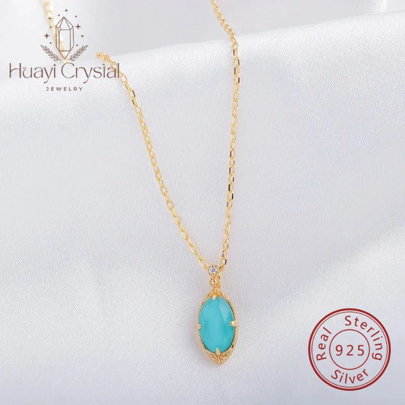 New S925 sterling silver inlaid turquoise white crystal pendant elegant retro