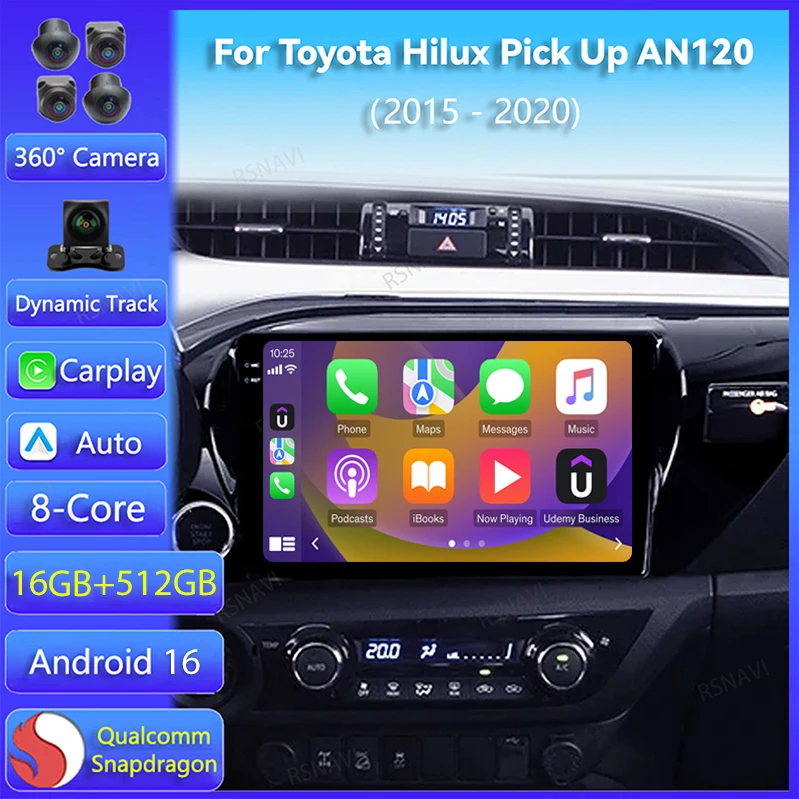 Android 16 Car Radio For Toyota Hilux Pick Up AN120 2015 - 2020 Carplay Auto Navigation GPS Player DVD Head Unit BT Video Stereo