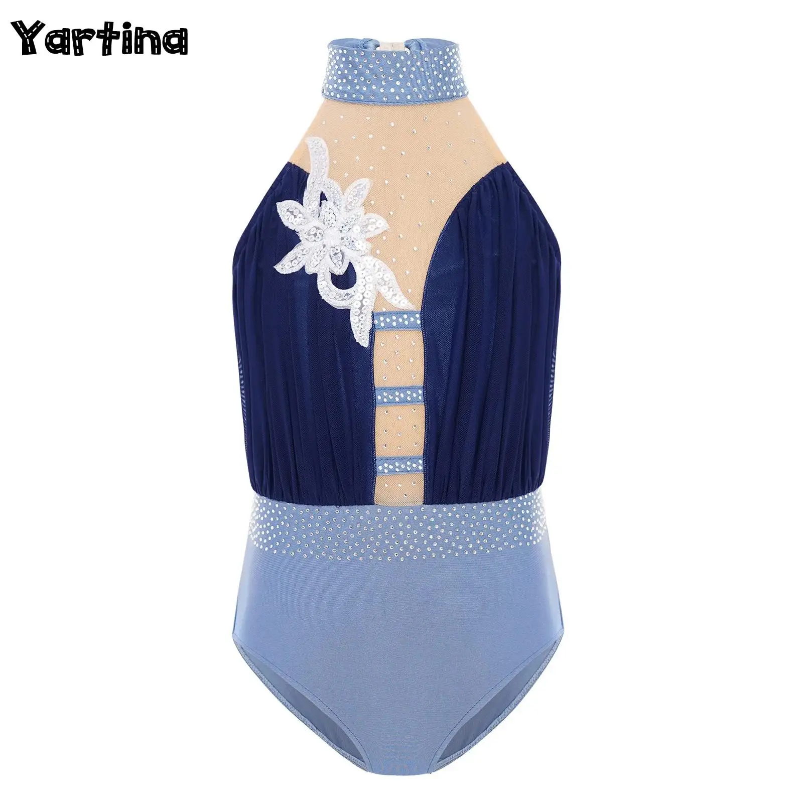 

Детский гимнастический балетный трикотаж для девочек, танцевальный трико, костюм для фигурного катания, прозрачная сетчатая аппликация, боди со стразами, танцевальная одежда