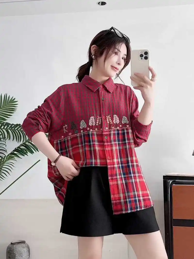 Japanese Mori Girl Vintage Plaid Embroidered Tree Cotton Shirts Women Autumn Turn Down Collar Long Sleeve Retro Loose Blouse Top