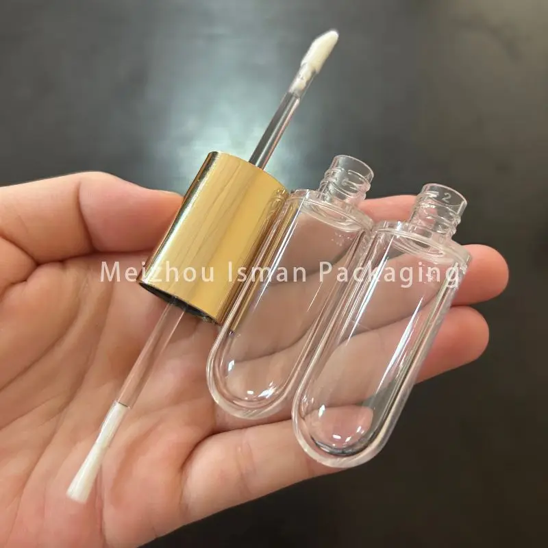 50pcs Hot Gold Oval Dual Double End Lipstick Case Packaging Flat 2 in 1 Empty Cosmetics Lip Gloss Tube With Brush Tip 6ml