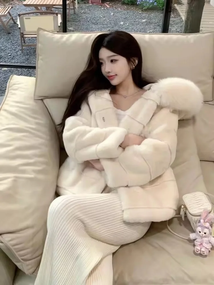 2025 Winter Eco-Friendly Mink Fur Collar Hooded Faux Fur Coat Warm Fluffy Overcoat  Women's Medium Length  Plush Outwear