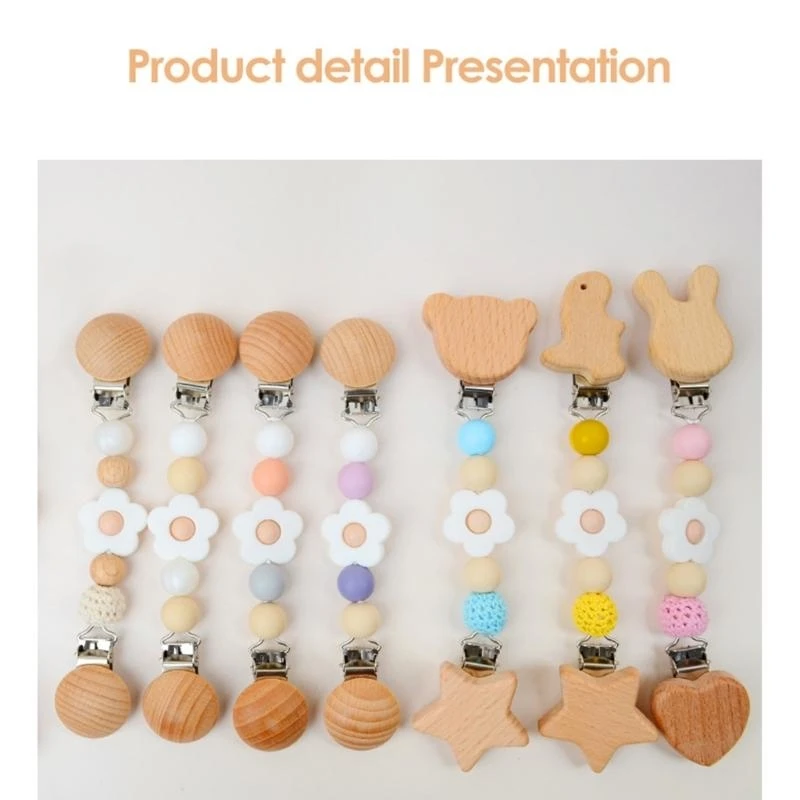 J15U – attache-sucette en bois hêtre pour bébé, porte-sucette pour bébé, poussette, chaîne sucette, parfaite pour usage
