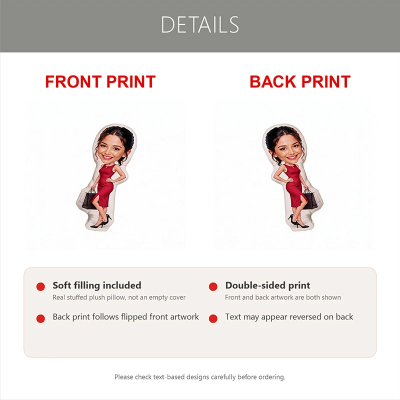 Custom Photo Shaped Pillow, Personalized Face Red Dress Lady Decorative Cushion, Unique Home Decor Accent for Sofa & Bedroom, Fu