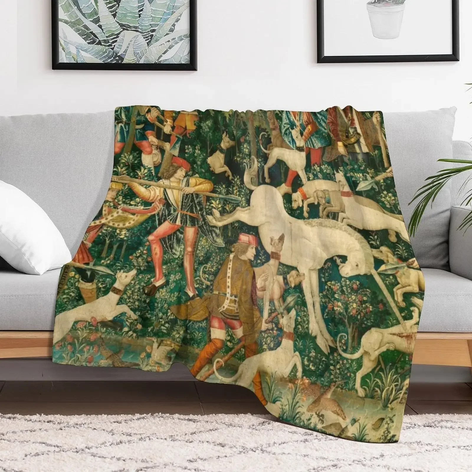 The Hunt of the Unicorn Tapestry. The unicorn defends himself (From Unicorn tapestries) Throw Blanket Large Blankets