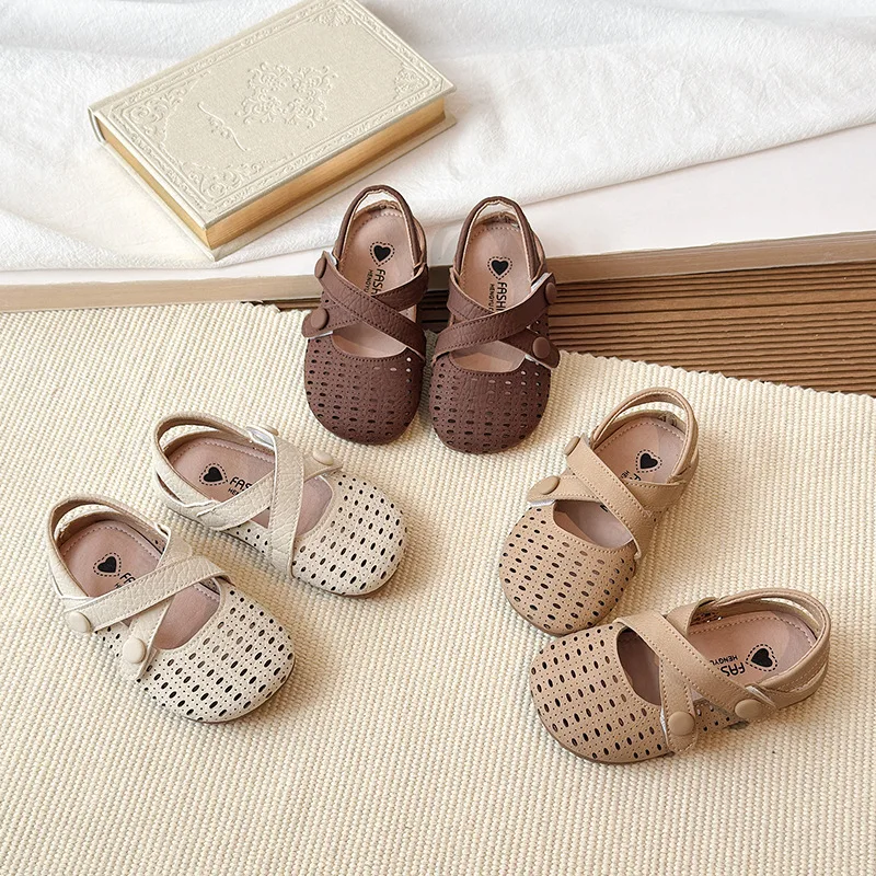 Kids Girls Hollow Breathable Mary Jane Flats Cross Button Strap Anti Slip Soft Sole Kids Summer School Princess Daily Shoes