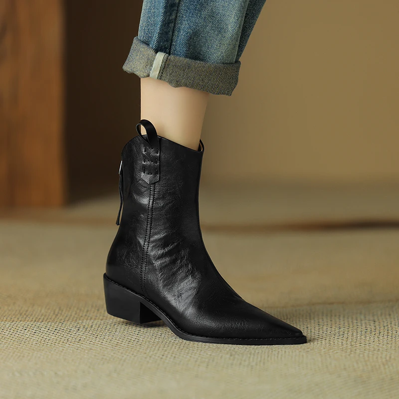 2024 jesienne/zimowe buty damskie oryginalne skórzane buty zachodnie damskie buty szpiczasty nosek gruby obcas Chelsea Boots Retro botki