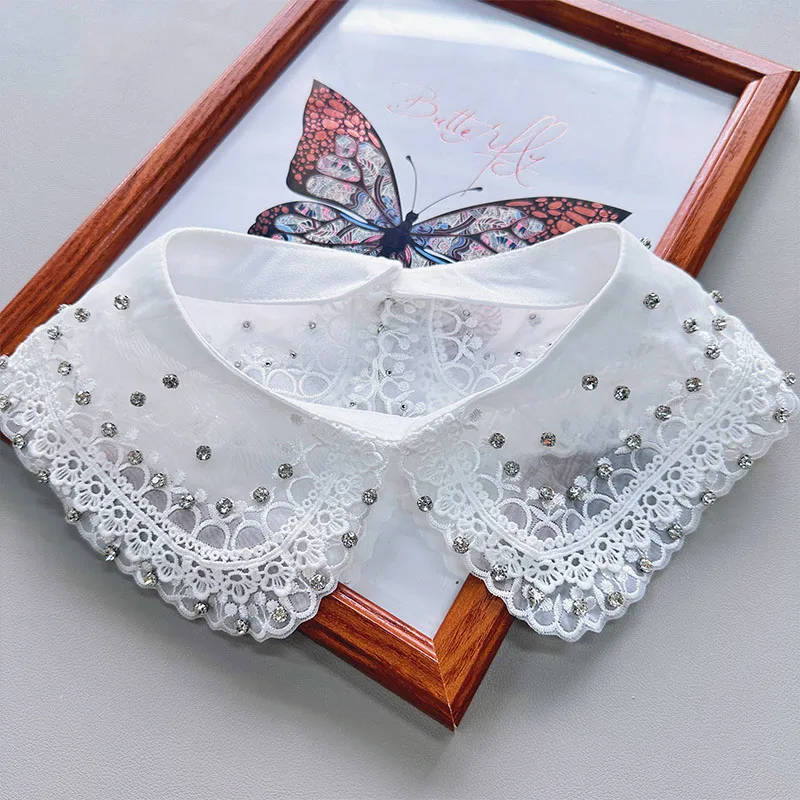 Beading Embroidery Fake Collar For Women White Lace Hollow False Detachable Collar Lapel Shirt Tie Necklace Clothes Accessory