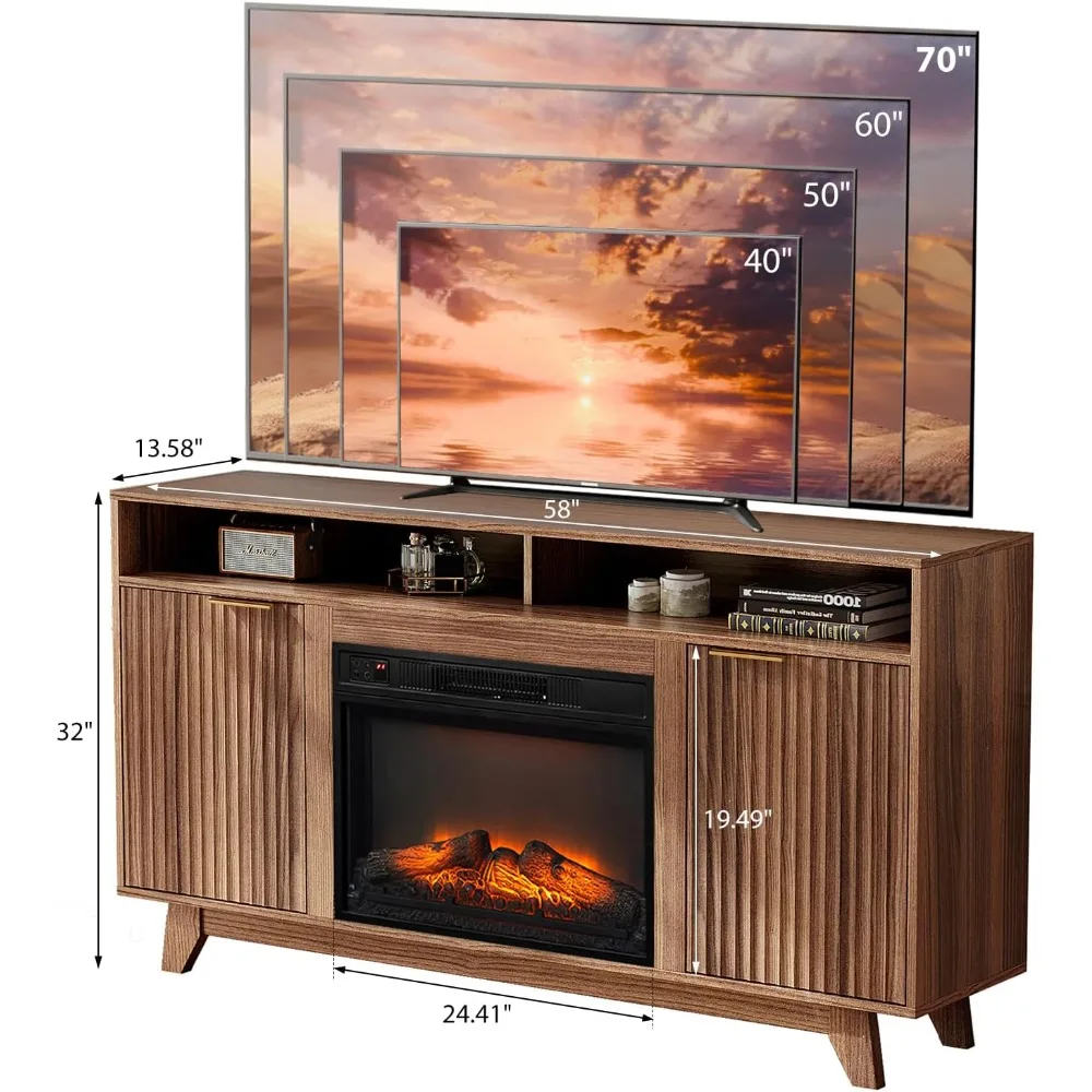 VINGLI Fluted Fireplace TV Stand for up to 70 inch TVs, Entertainment Center with Electric Fireplace Heater & Adjustable Shelves