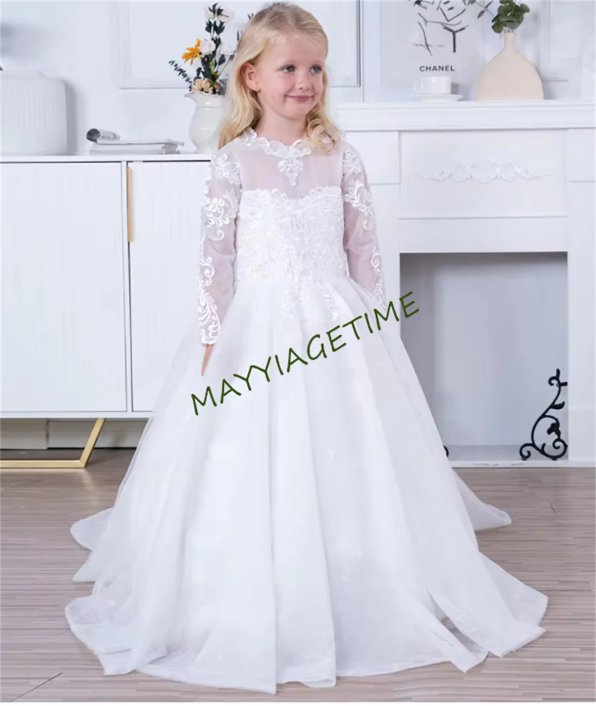 New White Holy First Communion Dress for Girls Long Sleeves A-Line Princess Wedding Flower Girl Dress Kid Size 1-14T