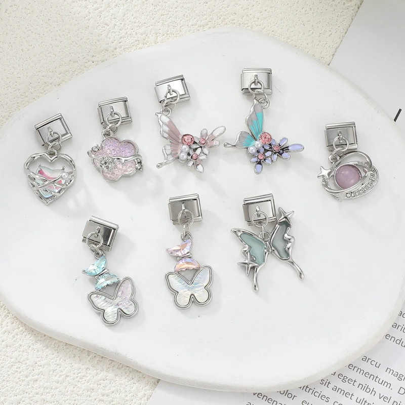 Colorful Crystal Butterfly Heart Flower Bow Knot Pendant Italian Charm Links 9mm Bracelet Stainless Steel Women DIY Making Gifts