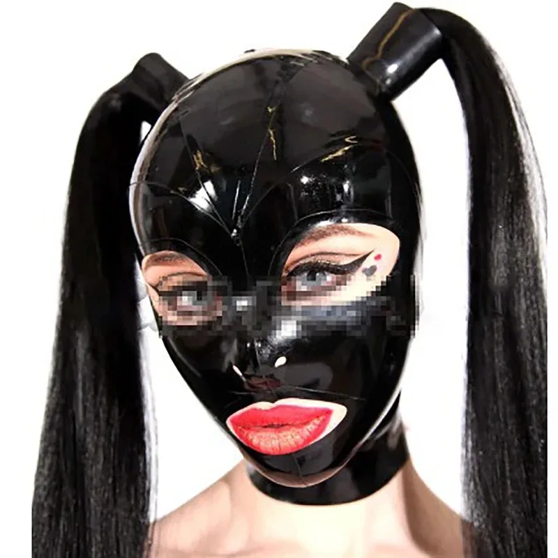 

Natural Latex Cosplay Face Mask with Double Black Ponytail Wig,Halloween Party Rubber Hood Costume Props hjk.5