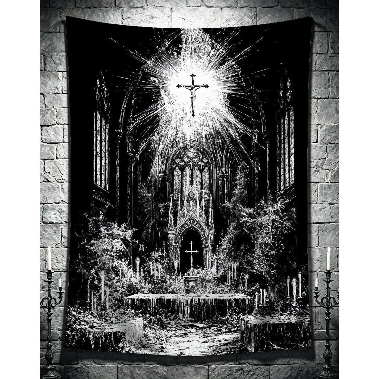 Ins‑Style Gothic Cross & Skeleton Tapestry, Subculture Wall Hanging Background Cloth, Bedside Wall Decoration for Bedroom Interi