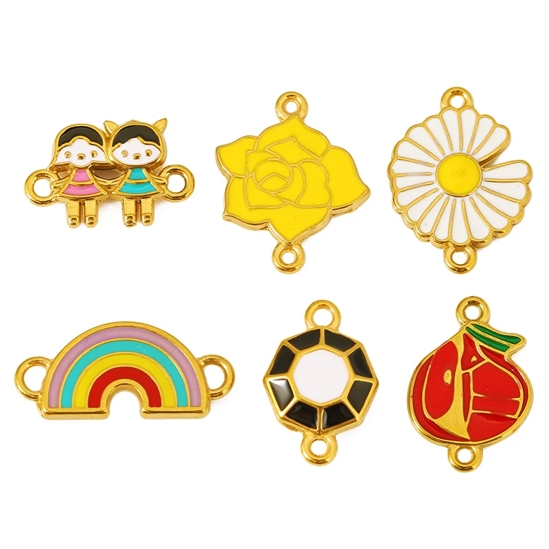 

4pcs Stainless Steel Enamel Rainbow Couple Flower Double Hole Charms Connectors for DIY Bracelet Jewelry Making Supplies Finding