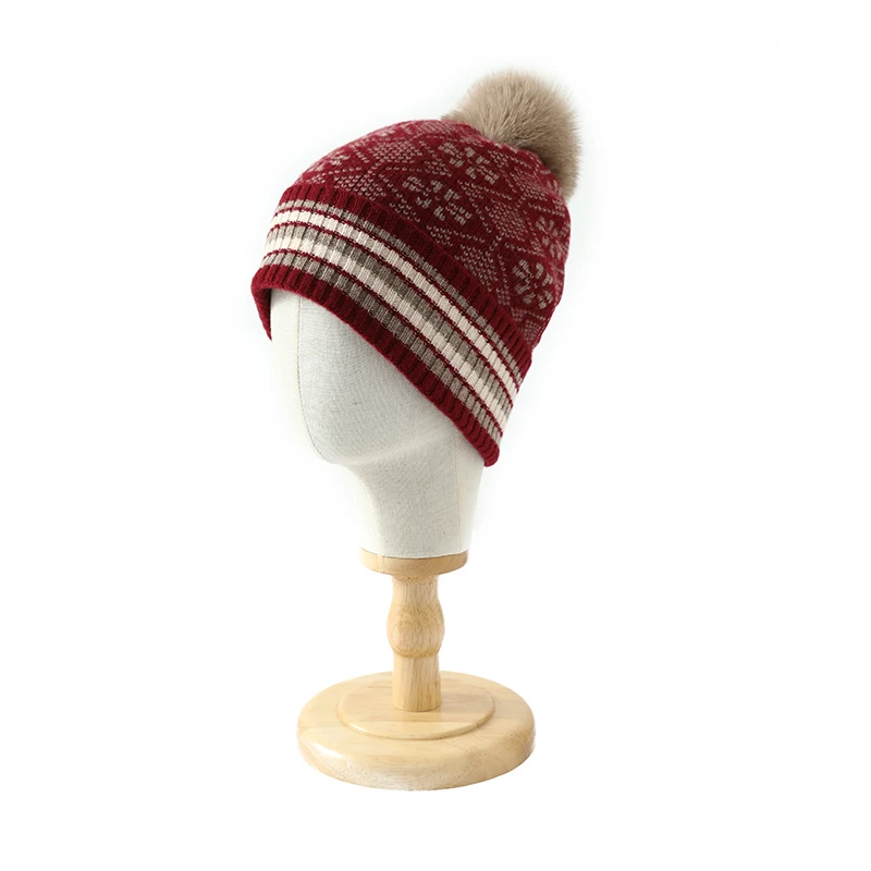 ZOCEPT 100%Merino Wool Women Vintage Jacquard Knit Beanies Pom-pom Bobble Hats Soft Cap Hat Autumn Winter Warm Christmas Present