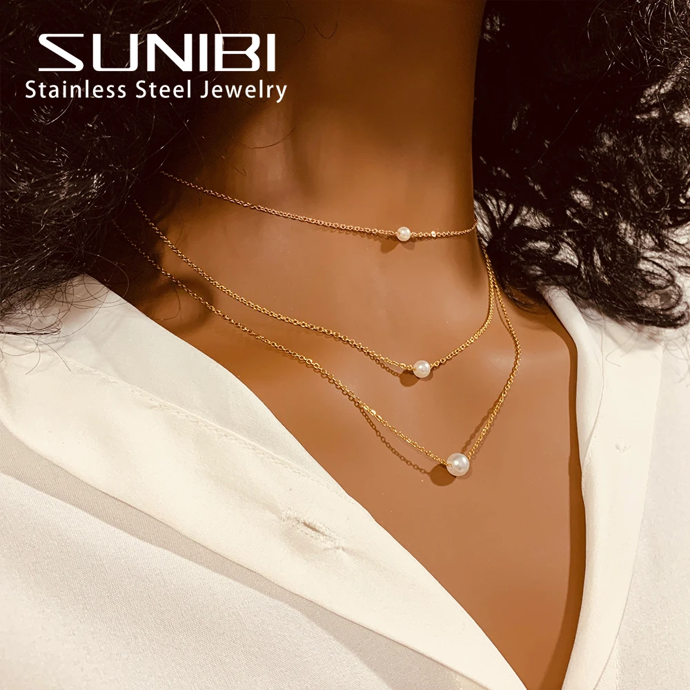 SUNIBI 316L Stainless Steel Choker Necklace for Women Imitated Pearl Dainty Pendant Necklaces Girl Gift Jewelry Accessories