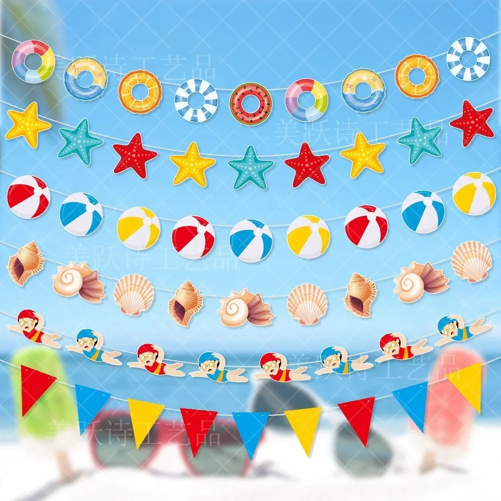 Summer Beach Party Banners Swimming Circle Starfish Conch Shell Hanging Garlands Happy Swimming Pool Birthday Party Decor