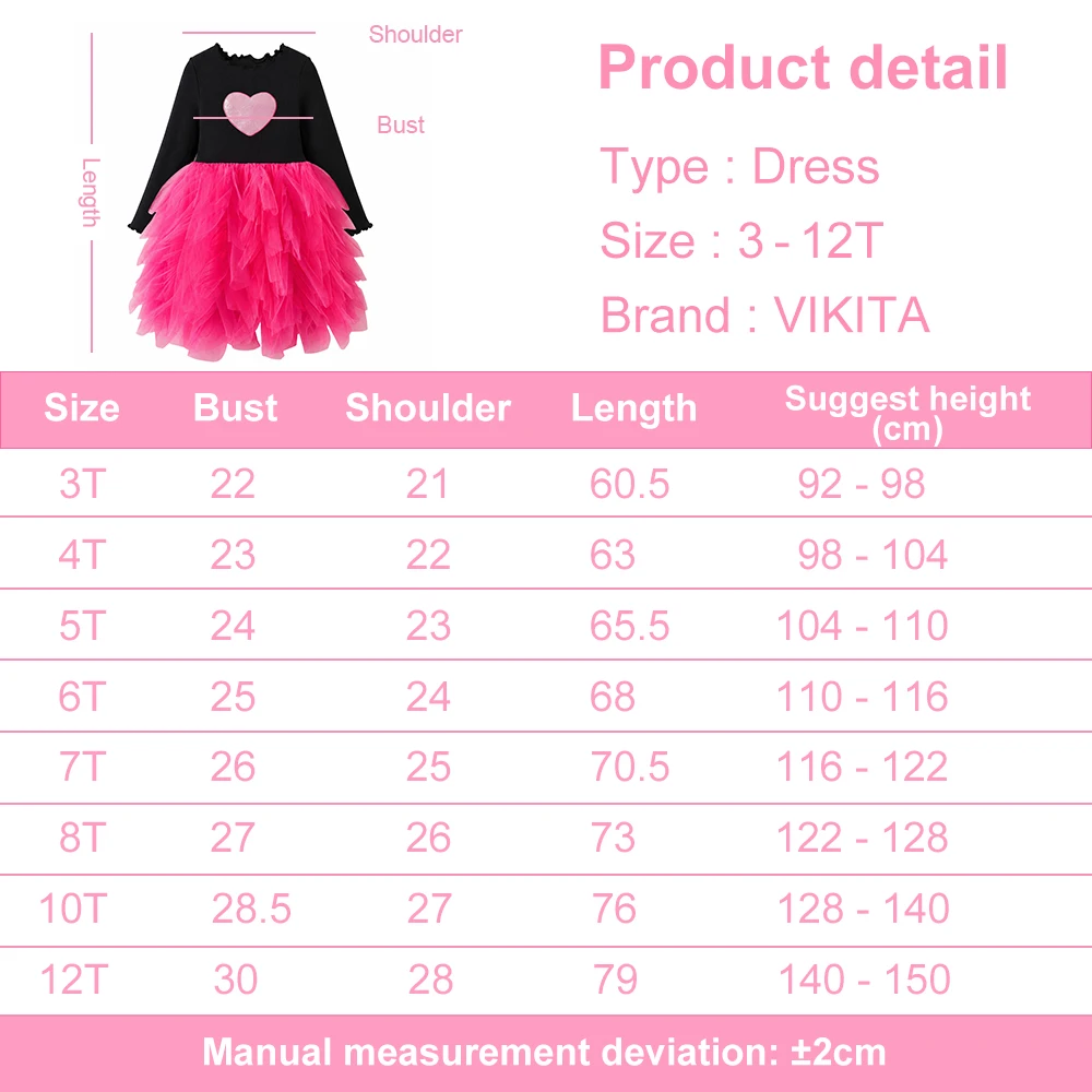 Kleinkinder Herzförmiger Druck Langarm Strickkleid in Schwarz und Rosa, Kinder Mehrlagiges Flauschiges Tüll-Prinzessinnenkleid für Geburtstagsfeiern und Alltag – Detail 1