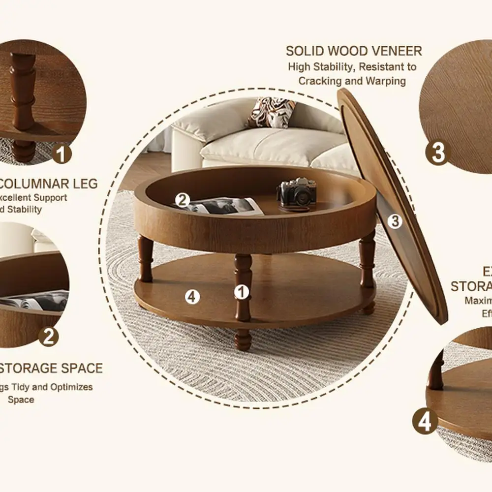 Tavolino rotondo in noce con piano sollevabile, portaoggetti nascosto, ripiano aperto a doppio livello con piedini livellanti regolabili, facile montaggio, soggiorno