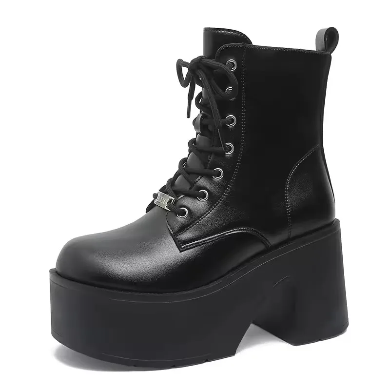 

Thick Bottom Large Size 42 Female Boots Lace Up Short Boots Wedges Shoes for Women 2025 Leather High Heels Platform Boots Women