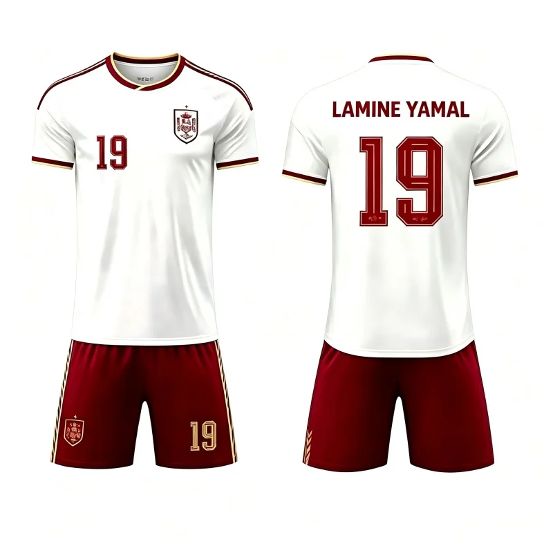 Spain National Team White Away Football Kit, Lamine Yamal No.19 Short Sleeve Soccer Jersey and Matching Shorts Family Kids Tees