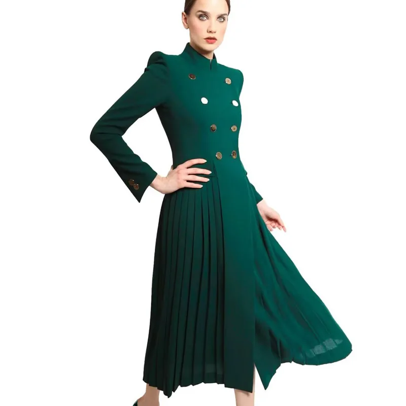 Green Sloid Women Double Breasted Dress Long Sleeve A-Line Party Dresses 12126