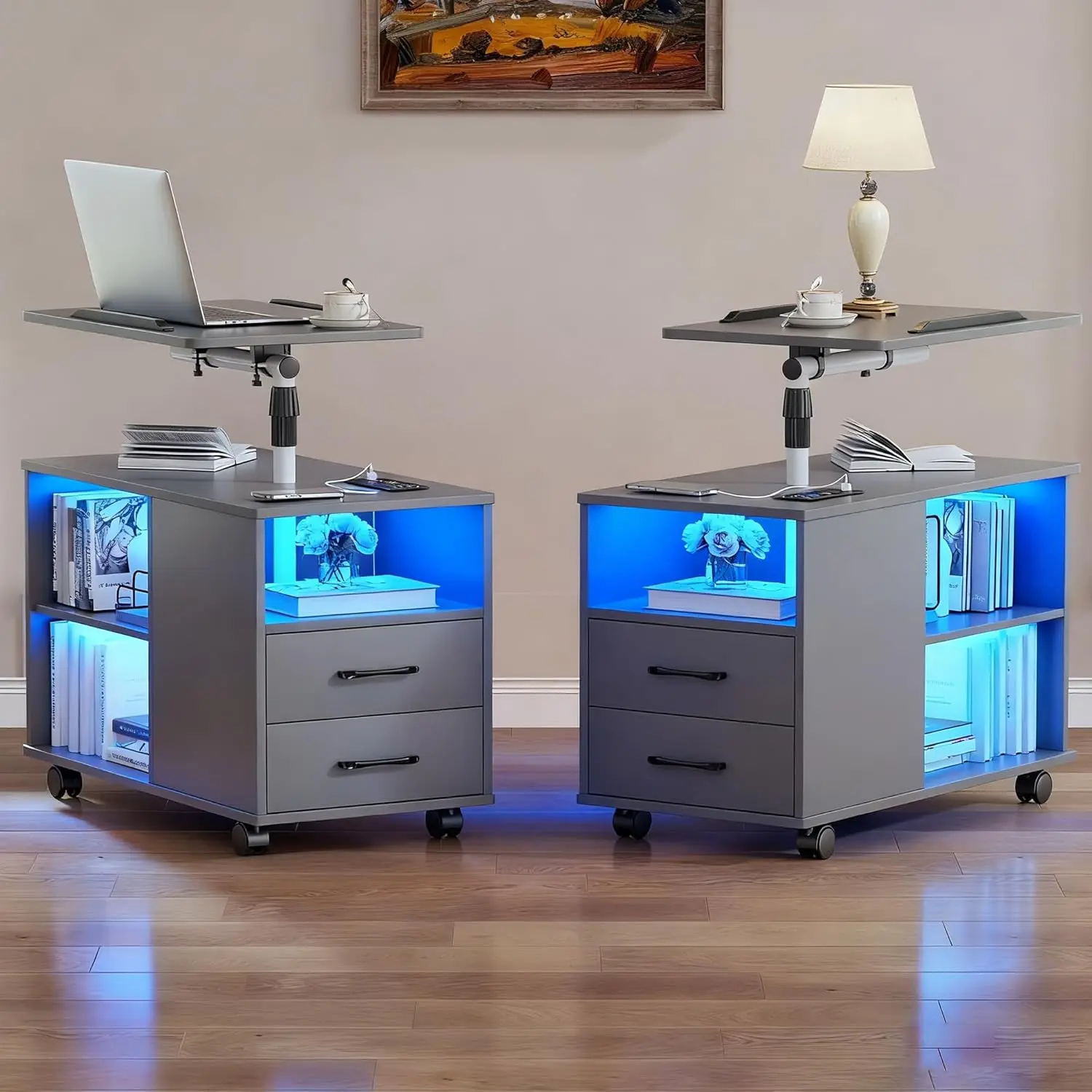 

RGB Nightstand Set Charging Station Lockable Wheels 2 Drawer Adjustable Rotary Bedside Table Bedroom Grey Customized