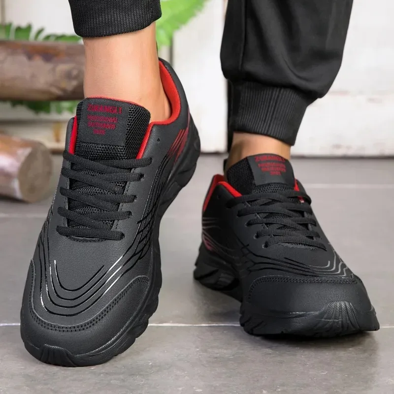 Men Waterproof Leather Running Sneakers Light Weight Shock Absorption Lace‑up Sport Footwear for Fitness Travel Daily Casual