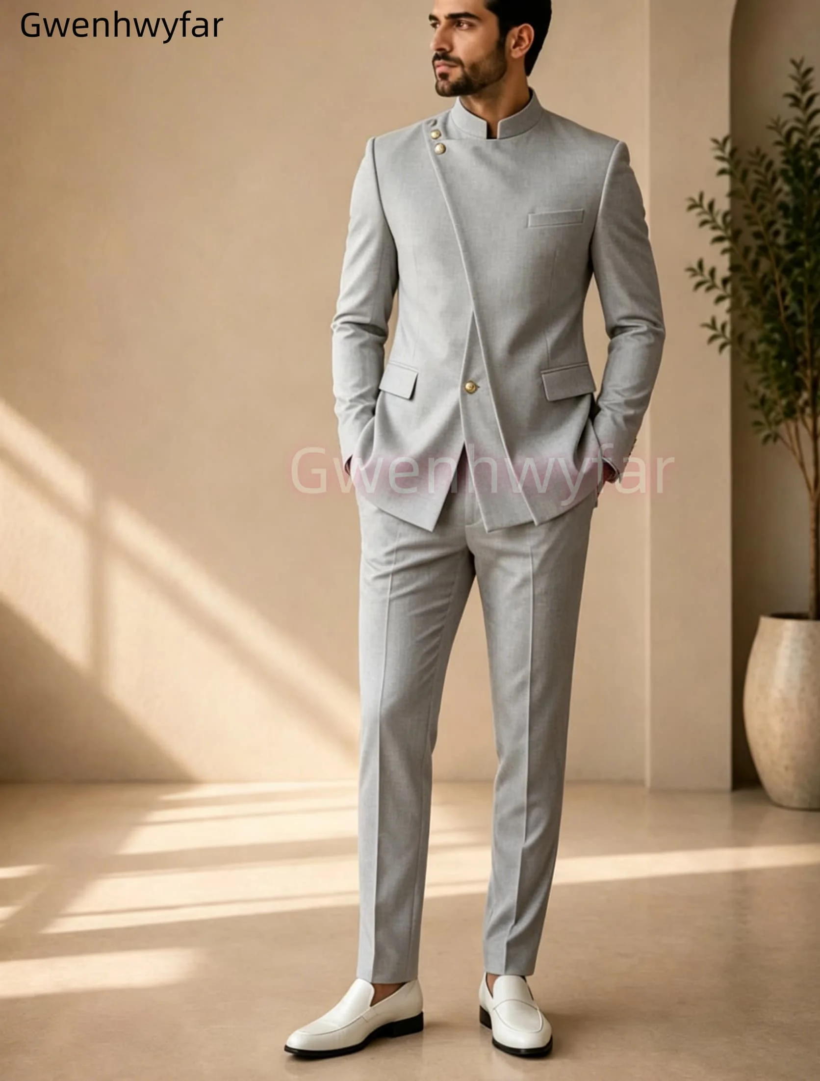 Gwenhwyar Neuankömmling Hellgraue Freizeitjacke mit Hose, formeller Business-Büroanzug für Herren, Bräutigam, Hochzeit, Party, Blazer, Hose – Detail 17