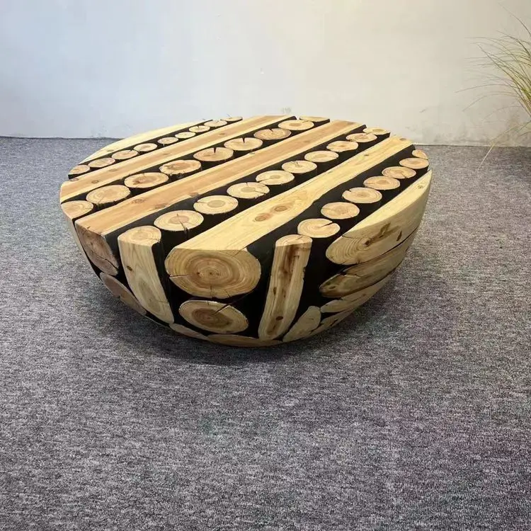 Solid wood splicing table, homestay tea art table, coffee table decoration, round coffee table furniture ornament