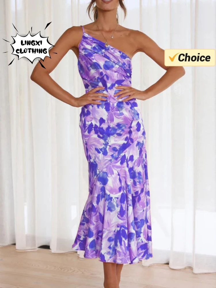 Summer Fashion Summer Skew Shoulder Print Holiday Style elegante abito Sexy da donna temperamento Beach abito lungo a coda di pesce da donna