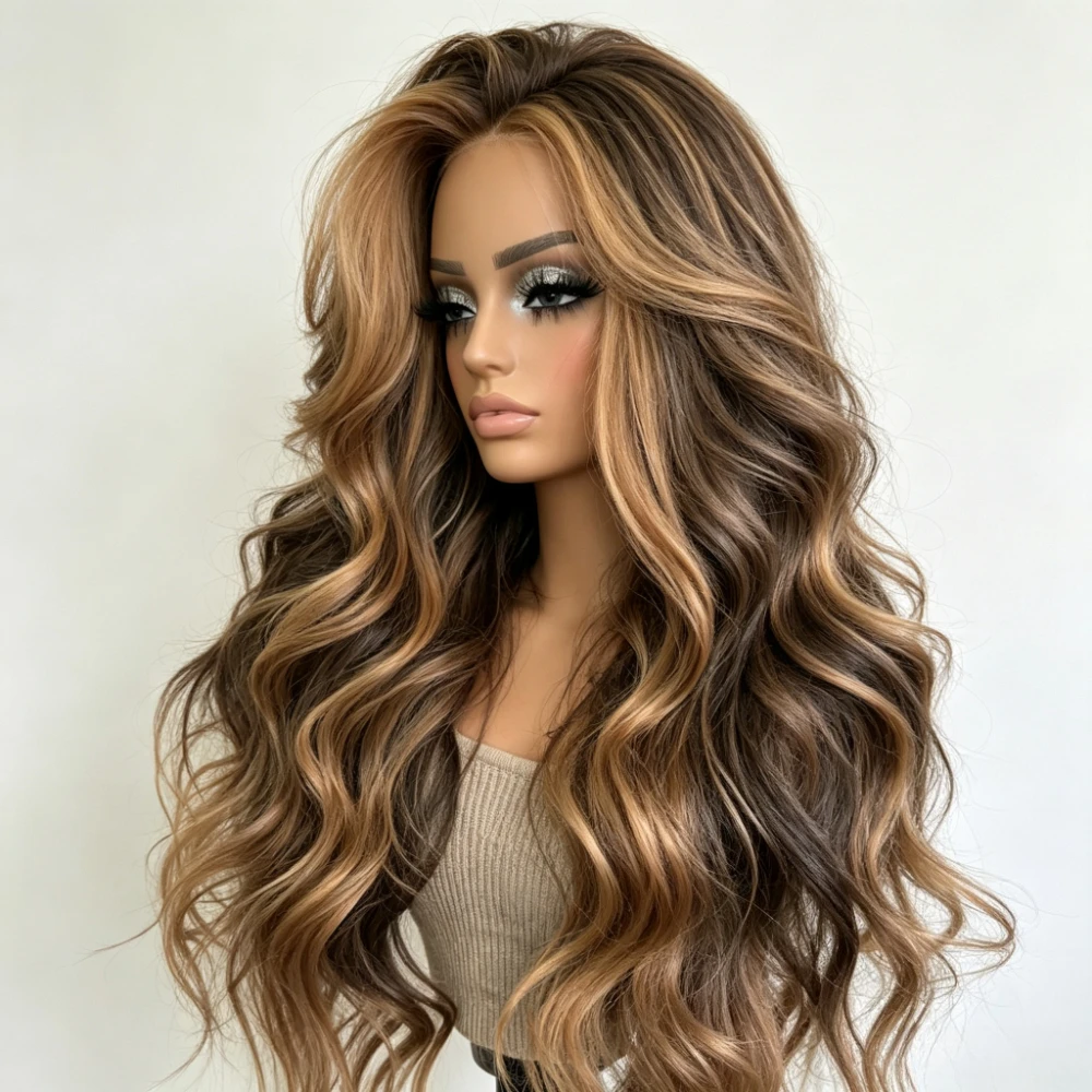 High gloss honey gold wavy wig, synthetic 13X4 high definition lace front wig, glue free lace front wig