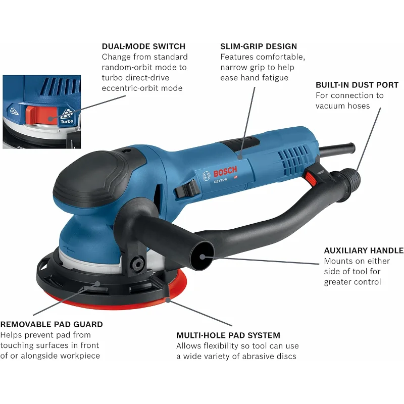 Lixadeira orbital elétrica BOSCH GET75-6N, polidora - 7,5 Amp, com fio, tamanho de disco de 6 polegadas - modo duplo: órbita aleatória e turbo