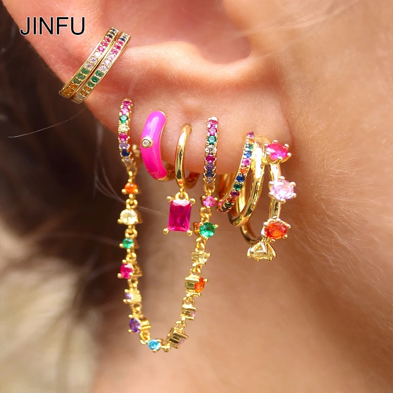 

JINFU Gold Plated Stud Earrings For Women Vintage Color CZ Zircon Piercing Women's Earrings 2023 Trend Jewelry Wholesale