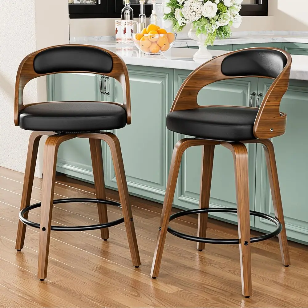 

Set of 2 26 Swivel Counter Height Bar Stools with Bentwood Legs, Back, and Leather Upholstery for Kitchen Island or Bar