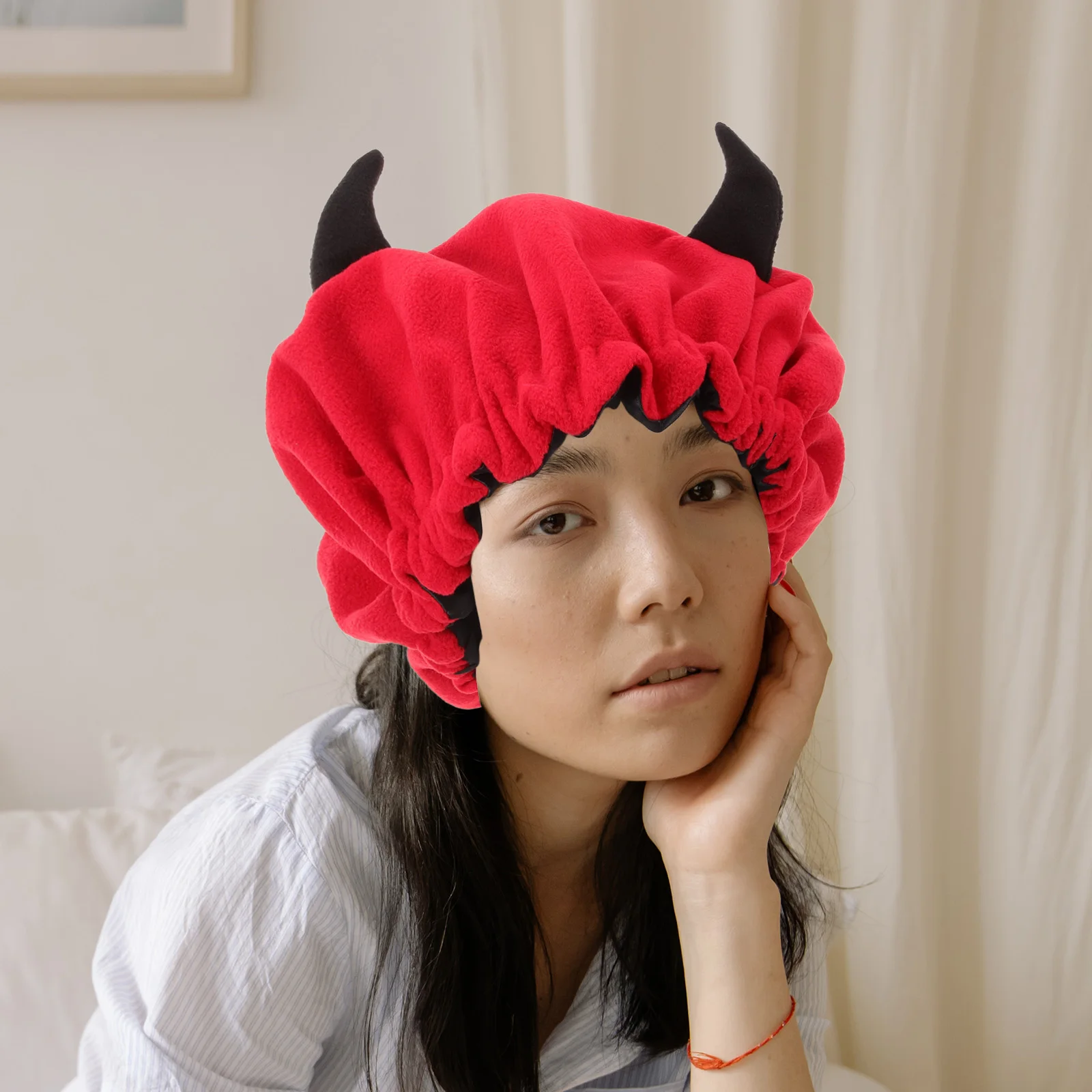 

Elastic Sleep Hat for Women Cute Red Horn Design Oversized Bonnet Soft Fabric Adjustable Button Fits Adults