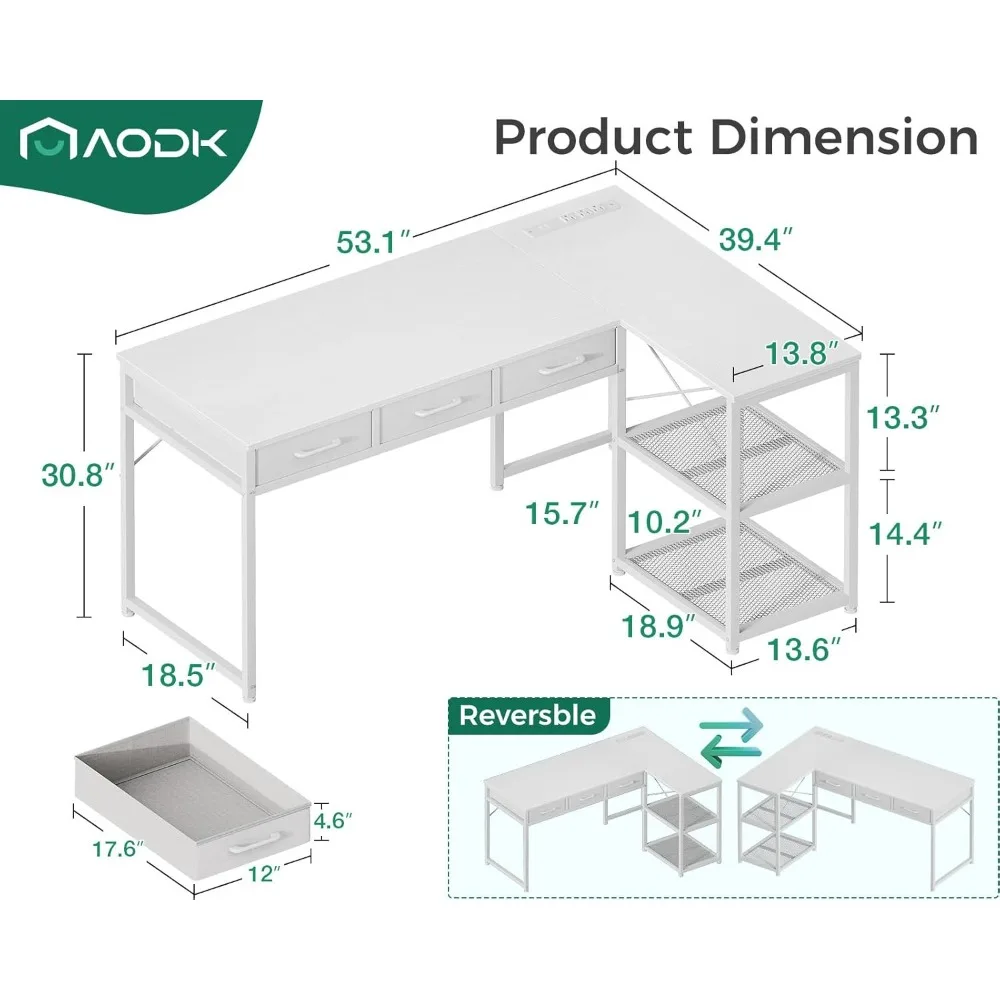 مكتب على شكل حرف L مقاس 53 بوصة مع مساحة تخزين ومنافذ طاقة وحامل وحدة المعالجة المركزية القابل للتعديل #2
