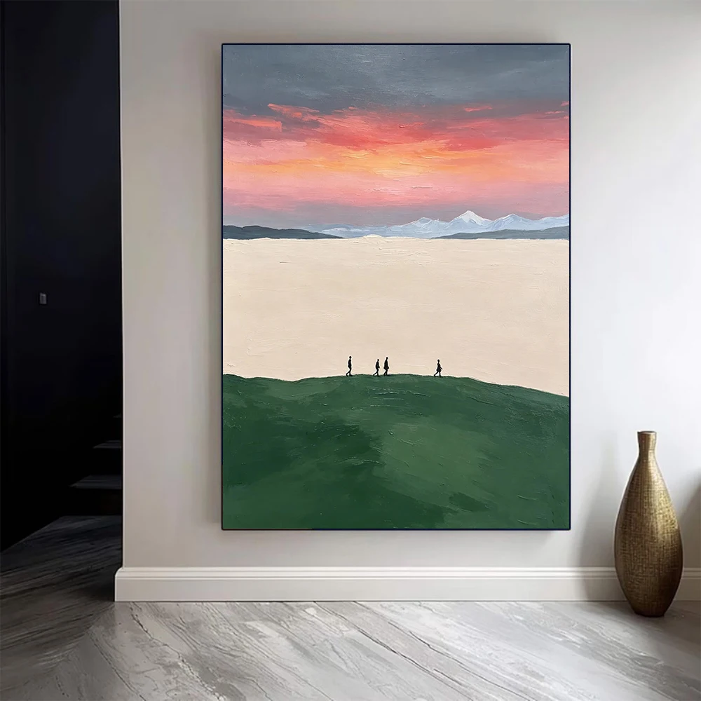 100% Handmade Abstract Oil Painting Original Wall Art Large For Home Living Room Decor, Minimal Scenery Walkers Canvas Art