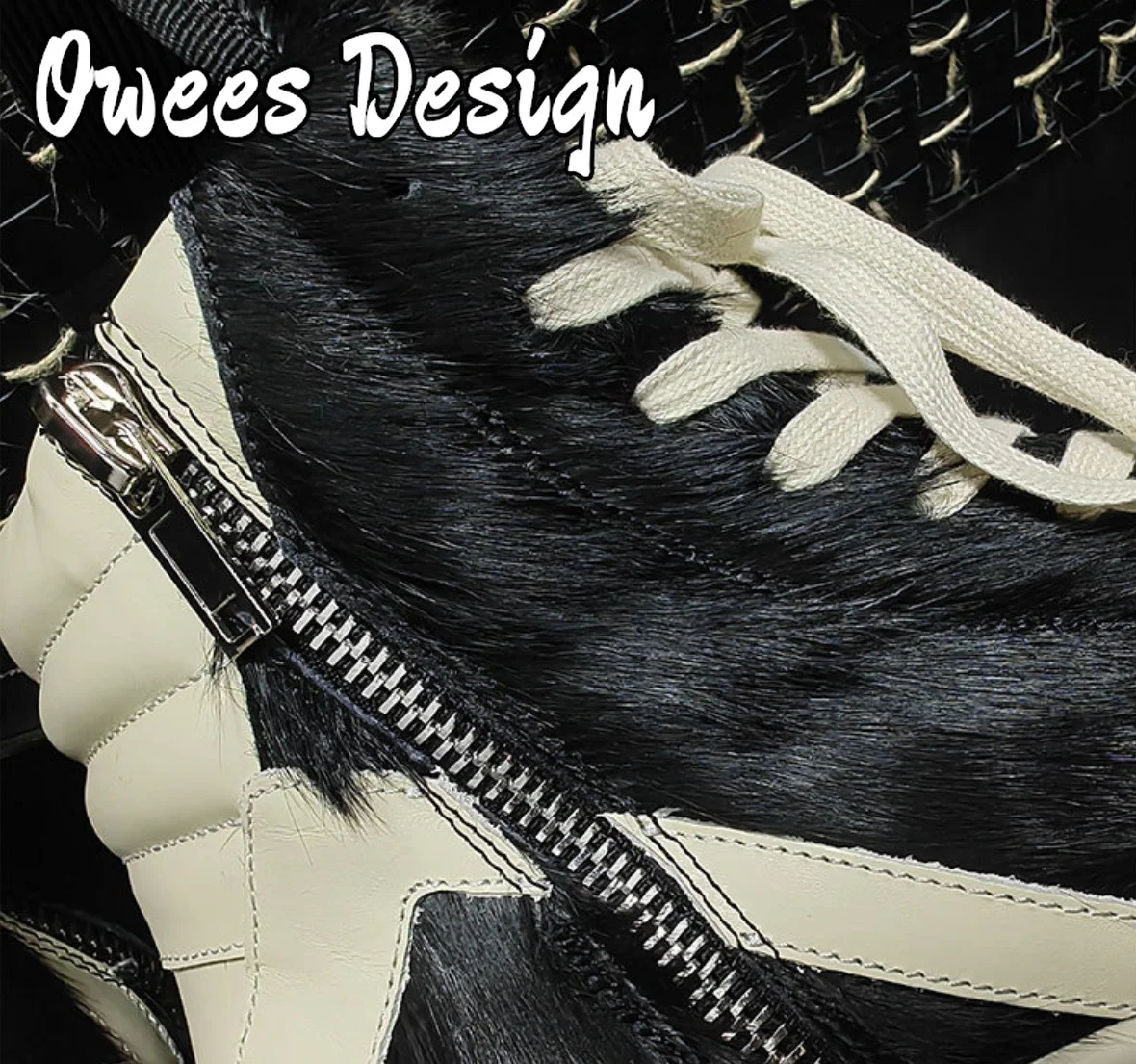 Owees Design Zipper Ankle Boots Men's Horsehair High-tops Sneakers Women Thick Soled Quality Leather Lace-up Fashion Shoes image 5