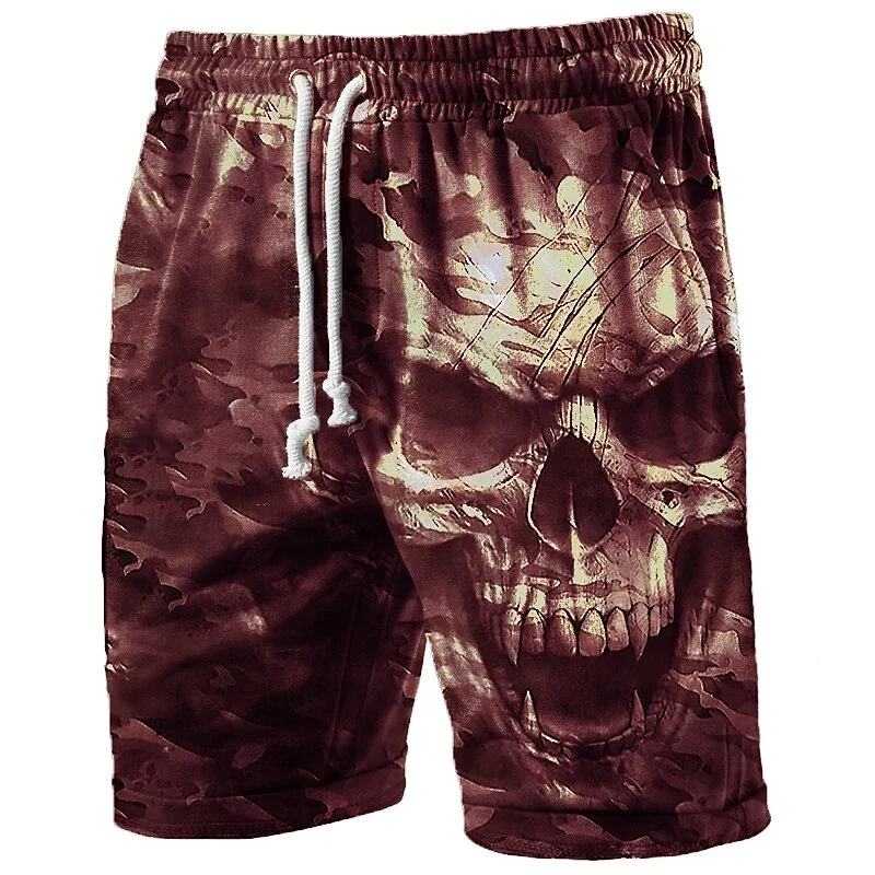 Retro Skull 3D Printed Pattern Beach Shorts for Men, Fashionable Summer Cool Street Casual Wear, Loose Street Hip-hop Shorts