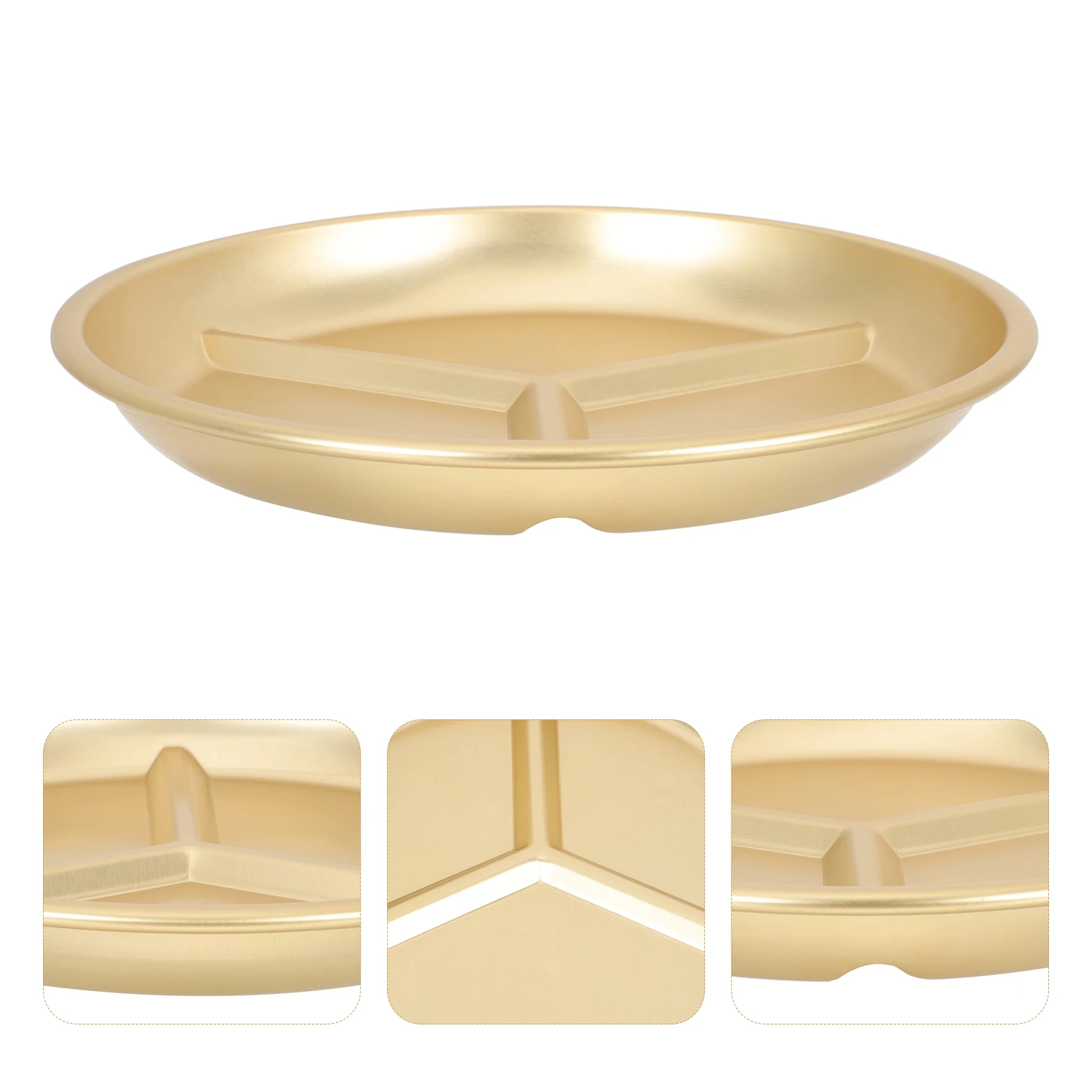 

Golden Aluminum Household Divided Food Serving Stackable Lunch Fruit Plate Breakfast Plate Cafeteria Multiple Compartments