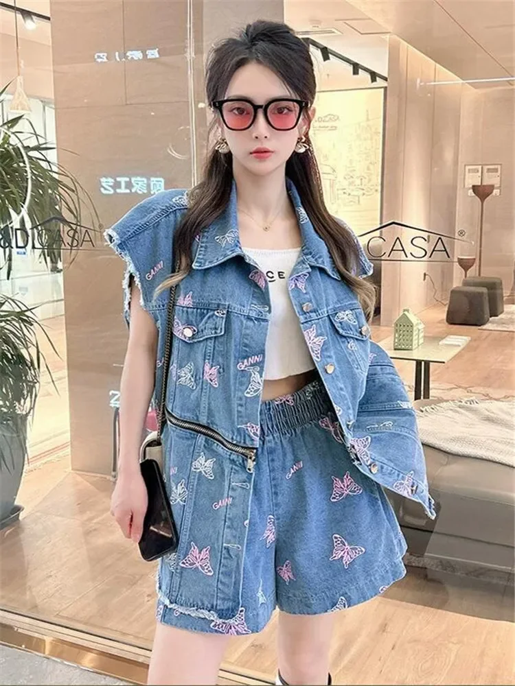 Street Fashion 2pc Denim Suits Colorful Print Long Jean Jacket Waistcoat+Wide Leg Shorts New Summer Fashion Chic 2 Piece Sets